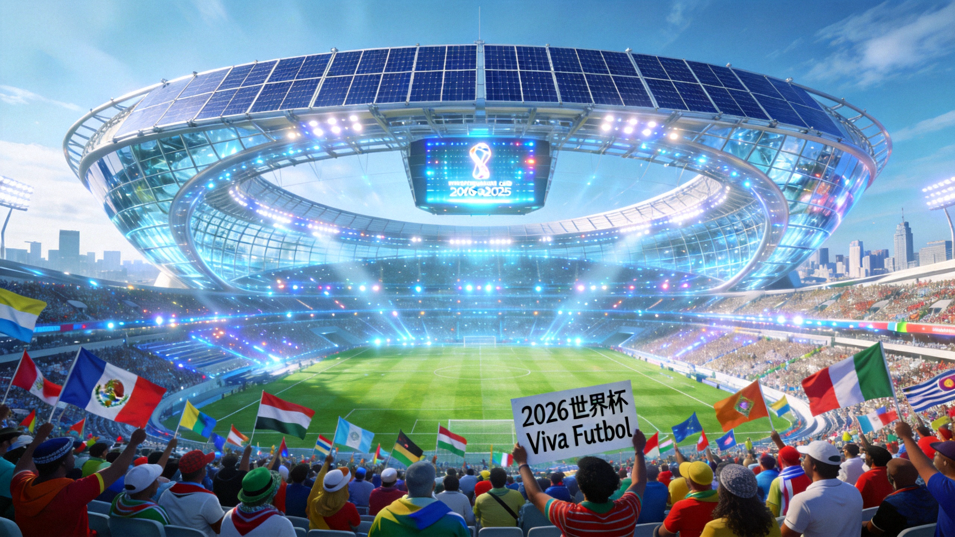 2026年世界杯球场全景 - 现代科技感体育场与球迷